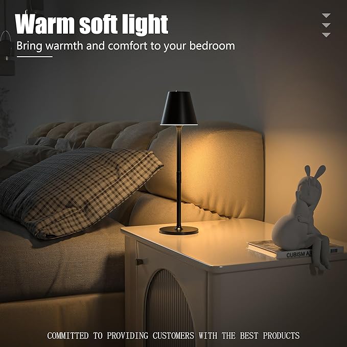 Modern LED Cordless Table Lamp, 4000mAh Rechargeable Battery, 3 Level Brightness Night Light, Metal Shell, Minimalist Design, for Couples Dinner/Coffee Table/Restaurant/Bedroom, Black - LeafyLoom