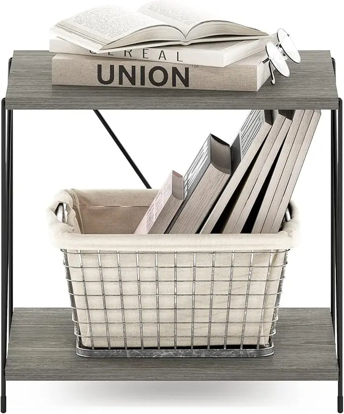 Furinno Besi Industrial Multipurpose Side Table with Metal Frame, Finn Oak - LeafyLoom