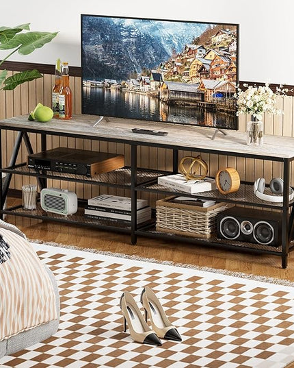 TV Stand for 65 70 Inch TV, Long 63" Entertainment Center 3-Tier TV Console Steel Frame Industrial Style TV Cabinet with Metal Frame for Living Room, Gray - LeafyLoom