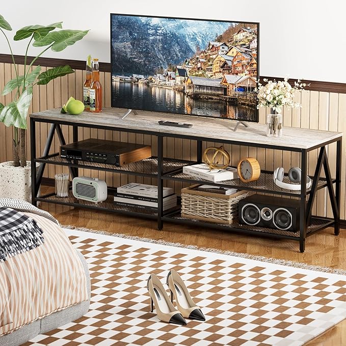 TV Stand for 65 70 Inch TV, Long 63" Entertainment Center 3-Tier TV Console Steel Frame Industrial Style TV Cabinet with Metal Frame for Living Room, Gray - LeafyLoom