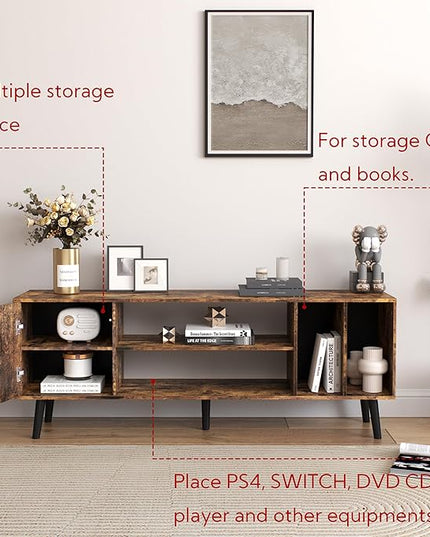 Yusong TV Stand for 55/65 inch TV, Mid Century Modern TV Console Table, Media Entertainment Center with Storage for Living Room Bedroom, Wood TV Cabinet, Rustic Brown - LeafyLoom