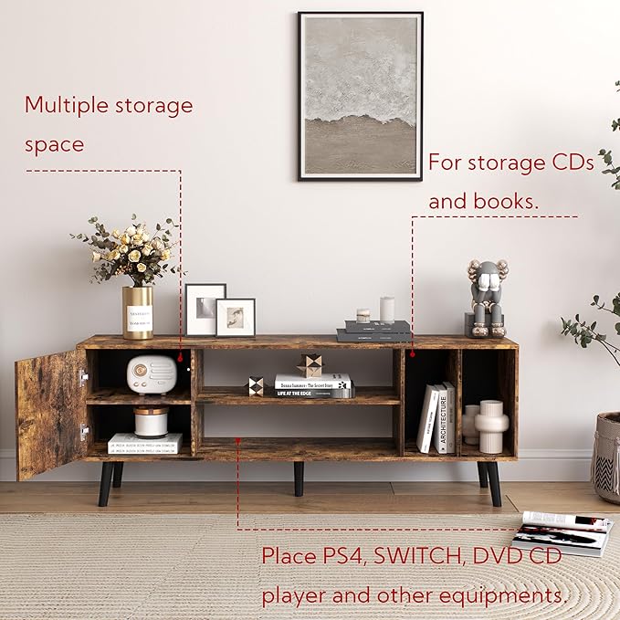 Yusong TV Stand for 55/65 inch TV, Mid Century Modern TV Console Table, Media Entertainment Center with Storage for Living Room Bedroom, Wood TV Cabinet, Rustic Brown - LeafyLoom