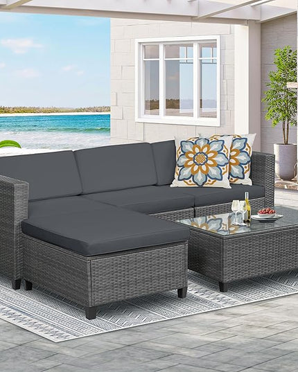 5 Piece Outdoor Patio Sectional Furniture Set, Weather Resistant Rattan Outside Couch, Waterproof Conversation Sofa for Balcony, Porch, Backyard, Deck, Garden, Grey - LeafyLoom