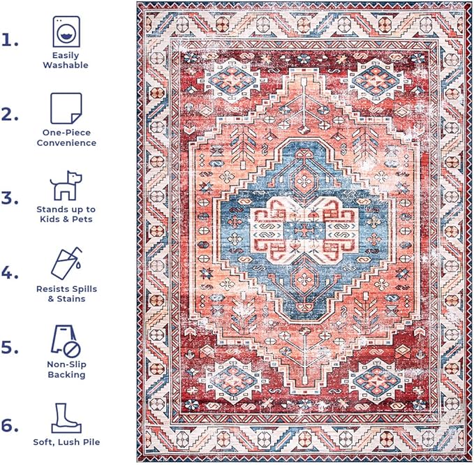 nuLOOM Marli Machine Washable Faded Medallion Ultra Thin Runner Rug, 2' 6" x 8', Rust - LeafyLoom