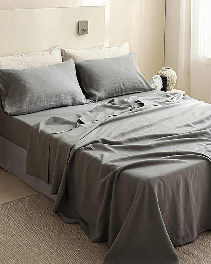 Simple&Opulence 100% Linen Sheet Set Solid Color-4 Pcs Washed French Linen Bed Sheets(1 Flat Sheet,1 Fitted Sheet,2 Pillowcases)-Breathable Bedding Set (Grey, King) - LeafyLoom
