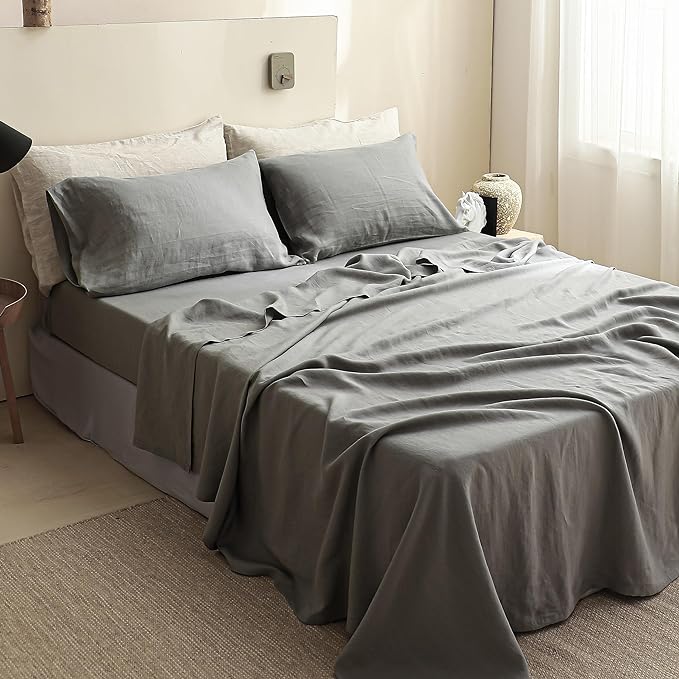 Simple&Opulence 100% Linen Sheet Set Solid Color-4 Pcs Washed French Linen Bed Sheets(1 Flat Sheet,1 Fitted Sheet,2 Pillowcases)-Breathable Bedding Set (Grey, King) - LeafyLoom