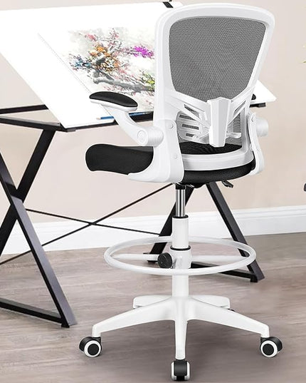 MINLOVE Ergonomic Drafting Office Chair, Tall Office Chair with Flip-up Armrests Executive Ergonomic Computer Standing Desk Chair with Lumbar Support and Adjustable Footrest(White) - LeafyLoom