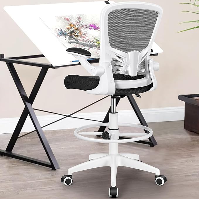 MINLOVE Ergonomic Drafting Office Chair, Tall Office Chair with Flip-up Armrests Executive Ergonomic Computer Standing Desk Chair with Lumbar Support and Adjustable Footrest(White) - LeafyLoom