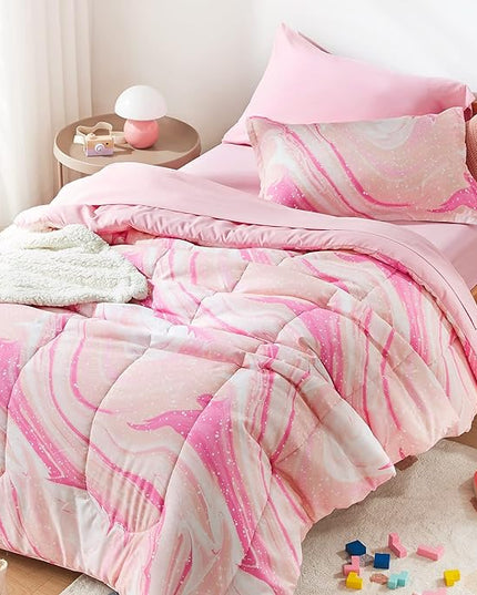 SLEEP ZONE Kids Bedding Comforter Set Full/Queen Size - 7 Pieces Super Cute & Soft Bedding Sets & Collections with Comforter, Sheet, Pillowcase & Sham - Fade Resistant Easy Care (Ice Cream Pink) - LeafyLoom