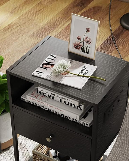 LDTTCUK Nightstand with Charging Station, Modern End Table with Drawer, Bedside Table with Open Storage for Bedroom,Black - LeafyLoom