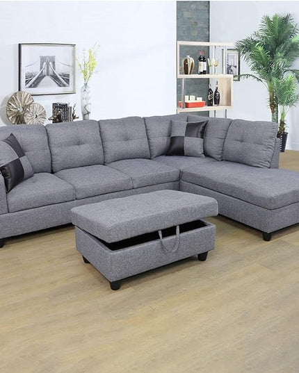 ROOMTEC Modern L Shaped Sectional Sofa Set with Storage Ottoman, Right Facing Chaise Longue, Reversible Backrest w/ 2 Cup Holders, Linen Tufted Cushions, for Living Room, Grey - LeafyLoom