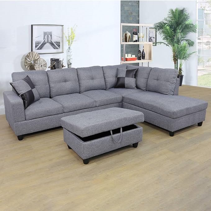 ROOMTEC Modern L Shaped Sectional Sofa Set with Storage Ottoman, Right Facing Chaise Longue, Reversible Backrest w/ 2 Cup Holders, Linen Tufted Cushions, for Living Room, Grey - LeafyLoom