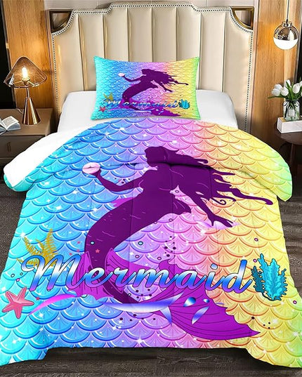 Mermaid Comforter Set Twin Fish Scale Patterns Printed Twin Bed Comforter Sets for Girls 2 Piece Kids All Season Ultra Soft MIcrofiber Mermaid Bedding Set Quilted Duvet with 1 Pillowcase, Twin Size - LeafyLoom
