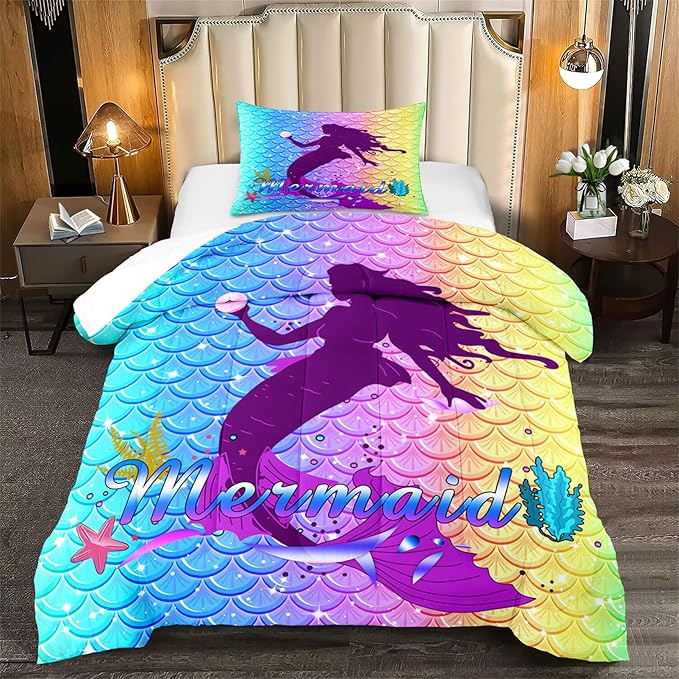 Mermaid Comforter Set Twin Fish Scale Patterns Printed Twin Bed Comforter Sets for Girls 2 Piece Kids All Season Ultra Soft MIcrofiber Mermaid Bedding Set Quilted Duvet with 1 Pillowcase, Twin Size - LeafyLoom