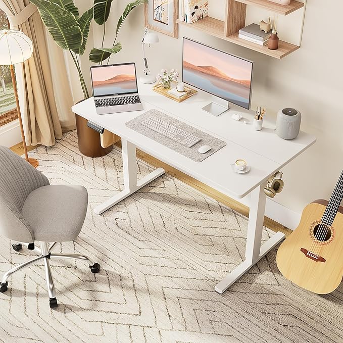 SMUG Standing Desk, Adjustable Height Electric Sit Stand Up Down Computer Table, 63x24 Inch Ergonomic Rising Desks for Work Office Home, Modern Gaming Desktop Workstation, White - LeafyLoom