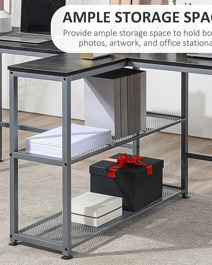 HOMCOM 83" Two Person Computer Desk with 2 Storage Shelves, Double Desk Workstation with Book Shelf, Long Desk Table for Home Office, Black - LeafyLoom