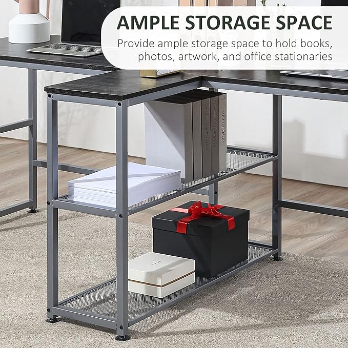 HOMCOM 83" Two Person Computer Desk with 2 Storage Shelves, Double Desk Workstation with Book Shelf, Long Desk Table for Home Office, Black - LeafyLoom