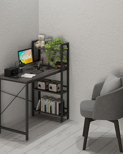 4NM 35" Small Computer Desk with 4-Tier Bookshelf, Home Office Desk Writing Workstation Study Table Multipurpose for Small Space Work - Grey and Black - LeafyLoom