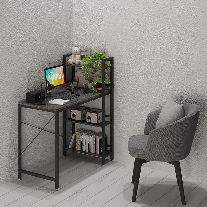 4NM 35" Small Computer Desk with 4-Tier Bookshelf, Home Office Desk Writing Workstation Study Table Multipurpose for Small Space Work - Grey and Black - LeafyLoom
