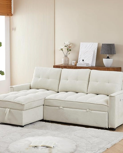 Chenille Convertible Sleeper Sectional Sofa with Reversible Storage Chaise and Pull Out Couch Bed , L Shaped Corner Sofabed with USB and tape-c Charging Ports for Living Room Office Small Places - LeafyLoom