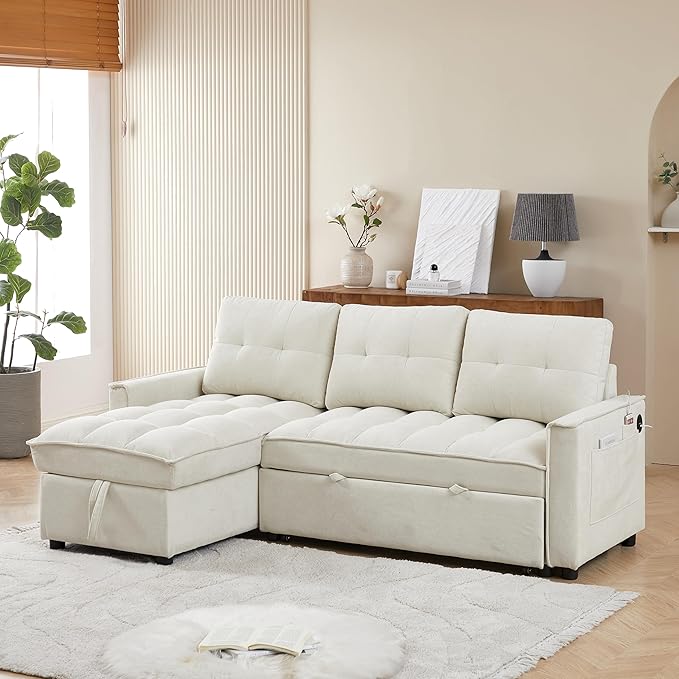 Chenille Convertible Sleeper Sectional Sofa with Reversible Storage Chaise and Pull Out Couch Bed , L Shaped Corner Sofabed with USB and tape-c Charging Ports for Living Room Office Small Places - LeafyLoom