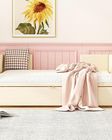 Bellemave Twin Size Upholstered Daybed with Pop up Trundle,Velvet Twin Daybed Frame,Twin to King Daybed,Day bed with Trundle Bed Twin,Tufted Sofa Bed Daybed,Bedroom,Living Room,Guest Room(Beige) - LeafyLoom