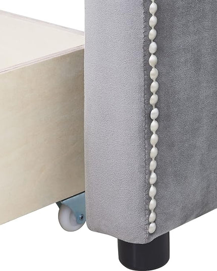 Twin Size Velvet Upholstered Daybed with Drawers, Solid Wood Bed w/Vertical Stripes Designed Backrest and Pine Legs, for Living Room, Bedroom, Dorm, No Box Spring Needed - LeafyLoom