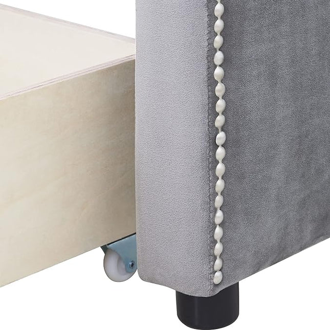 Twin Size Velvet Upholstered Daybed with Drawers, Solid Wood Sofa Bed w/Vertical Stripes Designed Backrest and Pine Legs, for Living Room, Bedroom, Dorm, No Box Spring Needed, Gray - LeafyLoom