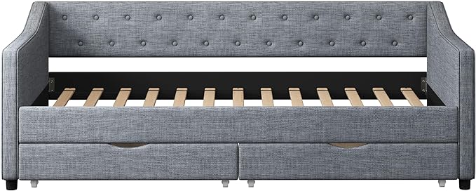 Twin Size Upholstered Daybed with Button Tufted Back and Waved Shape Arms,Elegant Wood Storage Sofa Bed w/Two Drawers,Slat Support,for Apartment,Bedroom,Light Grey - LeafyLoom