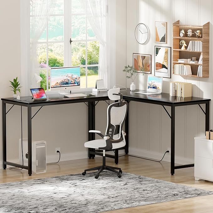 47 Inch Computer Desk with Magic Power Outlets and USB Charging Ports, Modern Home Office Desks, Sturdy Simple Writing Table, Laptop PC Gaming Desk for Bedroom Workstation, Black, 2 Pack - LeafyLoom
