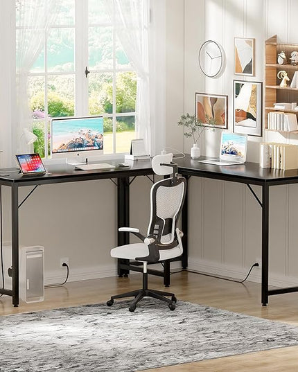 55 Inch Computer Desk with Magic Power Outlets, Modern Office Desk with USB Charging Ports, Sturdy Student Writing Desk, Simple Laptop PC Gaming Table for Bedroom Workstation, Black - LeafyLoom