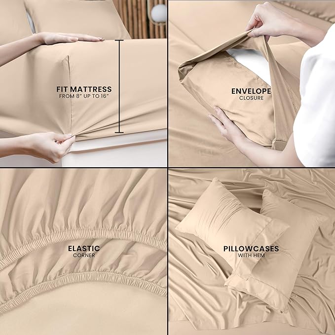 Utopia Bedding Queen Bed Sheets Set - 4 Piece Bedding - Brushed Microfiber - Shrinkage and Fade Resistant - Easy Care (Queen, Beige) - LeafyLoom