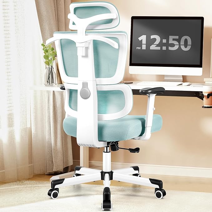 Primy Office Chair Ergonomic Desk Chair, High Back Computer Gaming Chair, Comfy Big and Tall Home Office Chair with Lumbar Support, Breathable Mesh Reclining Chair Adjustable Headrest(Light Blue) - LeafyLoom