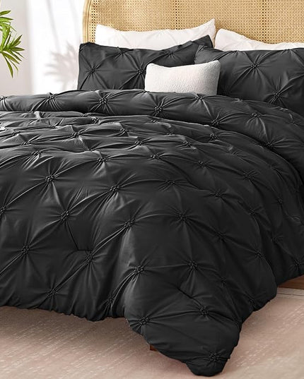 BEDELITE Black King Size Comforter Set - 3 Pieces Boho Pintuck Bedding Comforter Sets, Lightweight Soft & Warm King Bedding Set with 2 Pillowcases for All Season - LeafyLoom