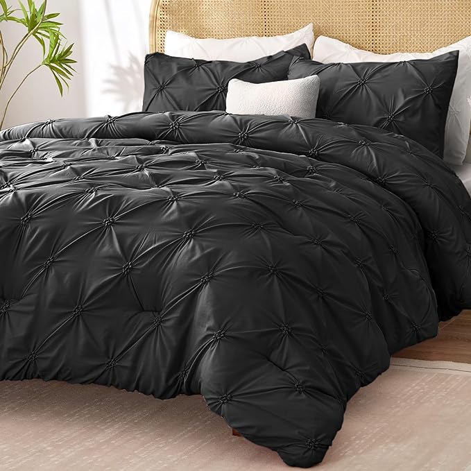 BEDELITE Black King Size Comforter Set - 3 Pieces Boho Pintuck Bedding Comforter Sets, Lightweight Soft & Warm King Bedding Set with 2 Pillowcases for All Season - LeafyLoom