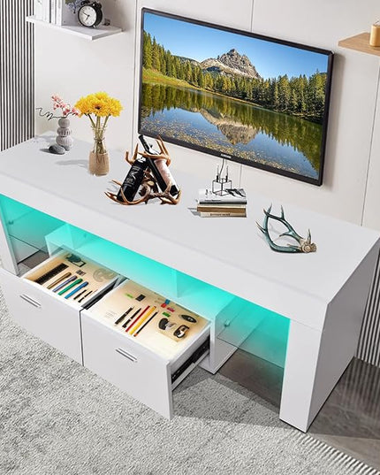 LED TV Stand for Televisions up to 65 inches, Entertainment Center and Media Console with Storage Drawers and Glass Shelves for Living Room, Bedroom - LeafyLoom