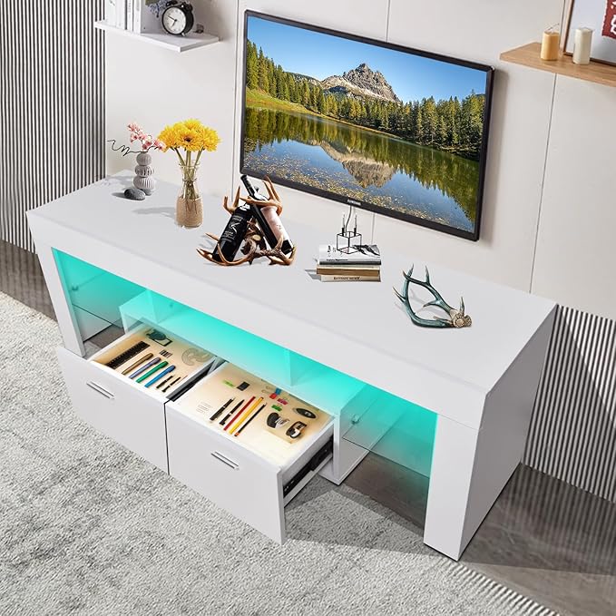 LED TV Stand for Televisions up to 65 inches, Entertainment Center and Media Console with Storage Drawers and Glass Shelves for Living Room, Bedroom - LeafyLoom