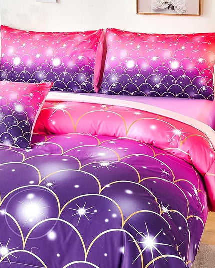 URBONUR Purple Glitter Comforter Set Full Size for Girls 6 Piece Bed in A Bag Comforter with Sheets Set, Gradient Pink Purple Sparkle Mermaid Fish Scales Bedding Comforter Set - LeafyLoom