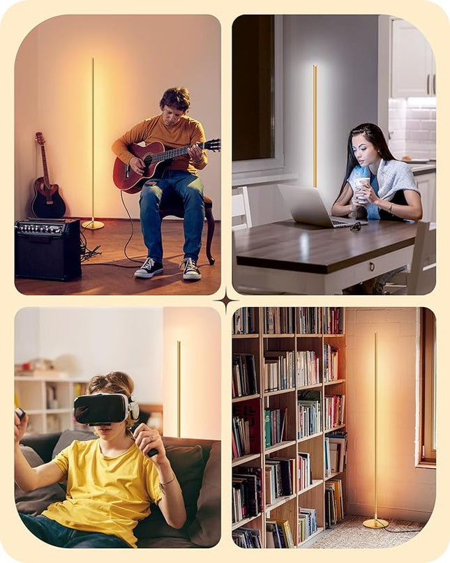 EDISHINE LED Corner Floor Lamp, Set of 2 Minimalist Dimmable Light with Remote, 57.5" Tall Standing Lamp for Living Room, Bedroom, Home Office, 7 Color Temperature 2700-6000K (Gold) - LeafyLoom