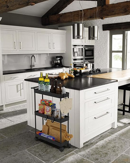 Simple Houseware 3-Tier Slim/Super Narrow Kitchen Cart with Handle, hooks and storage with shelves, Black - LeafyLoom