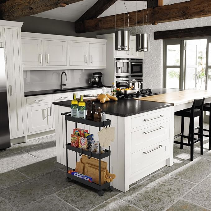 Simple Houseware 3-Tier Slim/Super Narrow Kitchen Cart with Handle, hooks and storage with shelves, Black - LeafyLoom