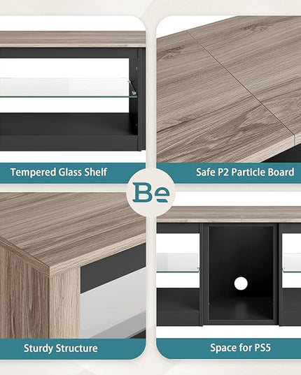 Bestier TV Stand for 70 inch TV, Gaming Entertainment Center for PS5, LED TV Cabinet with Glass Shelves for Living Room, 63'' Inch, Pinewood - LeafyLoom