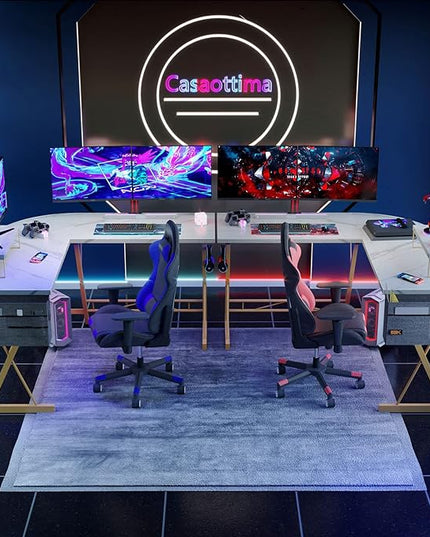 Casaottima L Shaped Gaming Desk, Home Office Desk with Round Corner, Computer Desk with Large Monitor Stand Desk Workstation - LeafyLoom