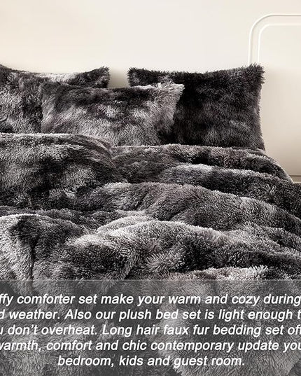 WINLIFE Shaggy Comforter Set Twin Grey for Boys Teens Faux Fur Bedding Sets Flannel Furry Comforter Plush Comforter Sets Gradient Ombre Tie Dye Bed Sets (3Pcs, Twin, Dark Grey) - LeafyLoom
