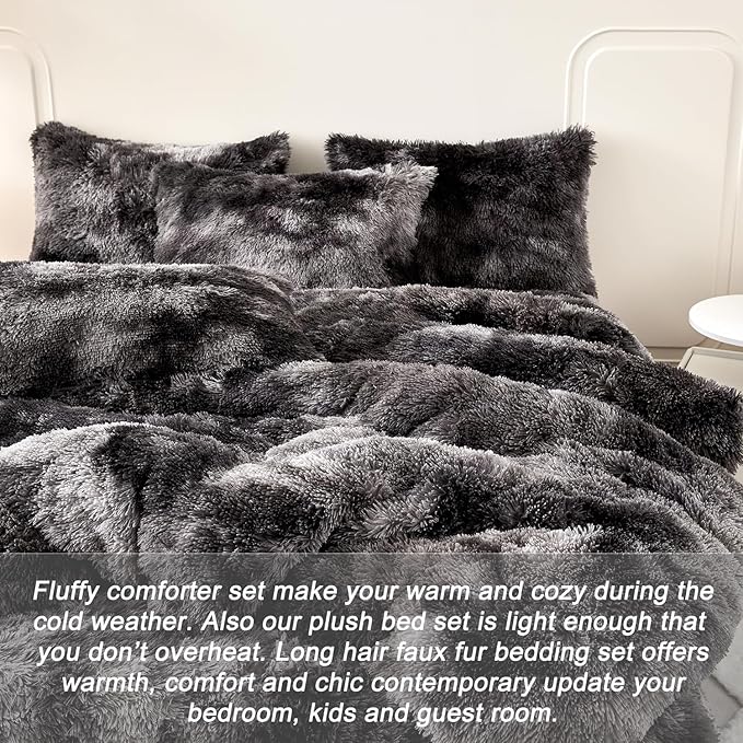 WINLIFE Shaggy Comforter Set Twin Grey for Boys Teens Faux Fur Bedding Sets Flannel Furry Comforter Plush Comforter Sets Gradient Ombre Tie Dye Bed Sets (3Pcs, Twin, Dark Grey) - LeafyLoom