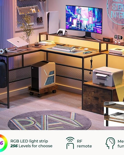 L Shaped Desk with Drawers, 66" Home Office Desk with Power Outlet and Led Strip, Reversible Computer Desk with Storage Shelves & Monitor Stand, Large Corner Desk Gaming Desk, Rustic Brown - LeafyLoom