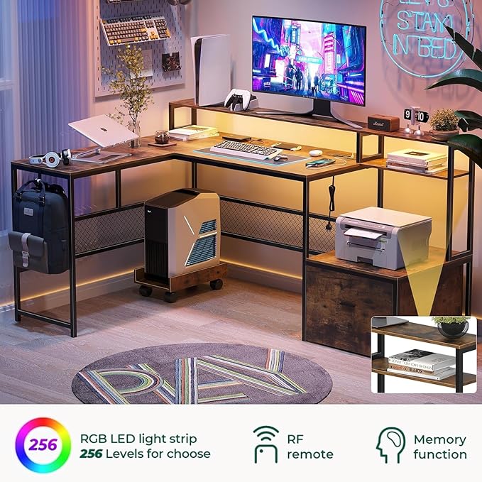 L Shaped Desk with Drawers, 66" Home Office Desk with Power Outlet and Led Strip, Reversible Computer Desk with Storage Shelves & Monitor Stand, Large Corner Desk Gaming Desk, Rustic Brown - LeafyLoom