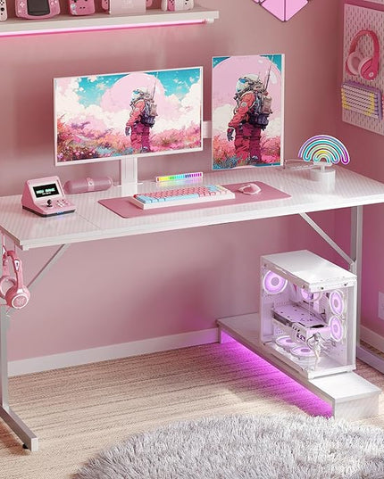 Bestier Small Gaming Desk with Power Outlets and USB Charging Ports, 52 inch Computer Desk with LED Lights and Monitor Stand, Gamer Desk for Home Office, Easy to Assemble, Carbon Fiber White - LeafyLoom