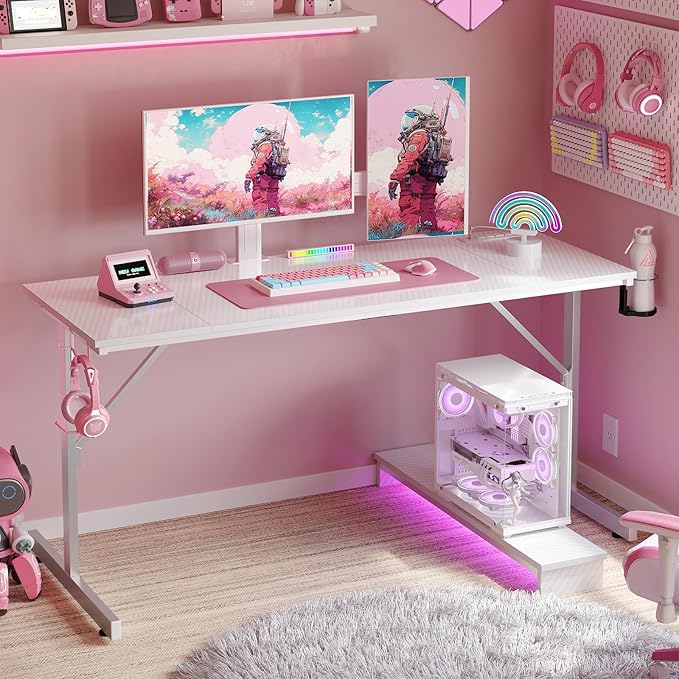 Bestier Small Gaming Desk with Power Outlets and USB Charging Ports, 52 inch Computer Desk with LED Lights and Monitor Stand, Gamer Desk for Home Office, Easy to Assemble, Carbon Fiber White - LeafyLoom