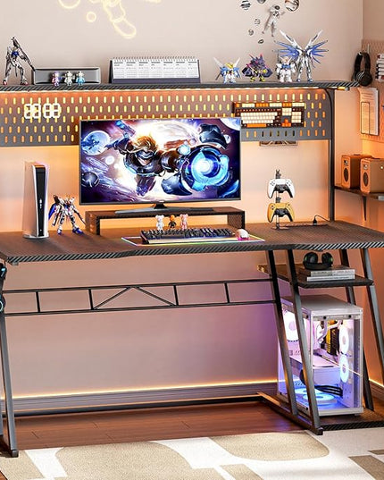 Gaming Computer Desk with Hutch and LED Lights, 55'' Black Gaming Desk with Storage Shelves, Reversible PC Gaming Desk with Pegboard, Ergonomic Desk for Bedroom, Carbon Fiber Surface - LeafyLoom